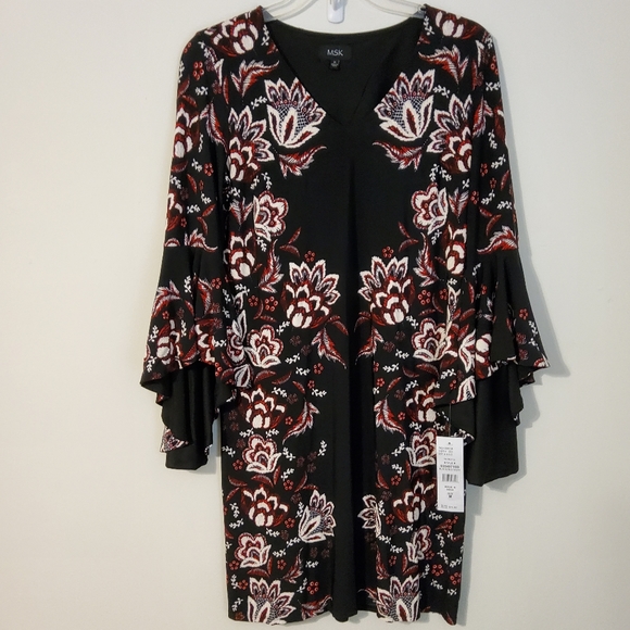 MSK Dresses & Skirts - NWT!  MSK Black/Red/Ivory Floral Print Long Flared Sleeve Shift V-Neck Size M